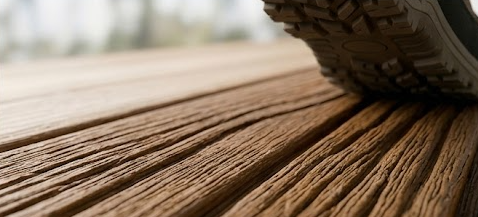 Macro photograph focusing on the high-friction anti-slip wood grain texture of the WPC decking