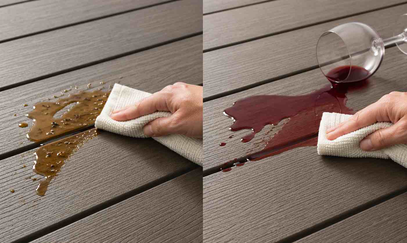 Grease and red wine spills wiped easily off co-extruded decking