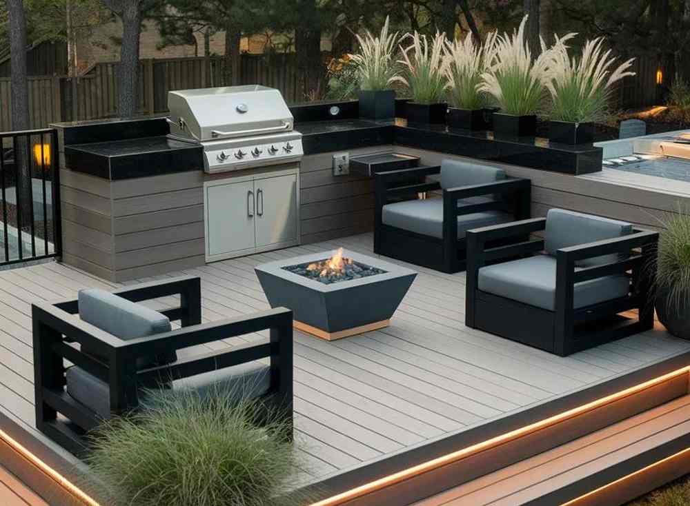Modern composite decking with natural wood grain finish