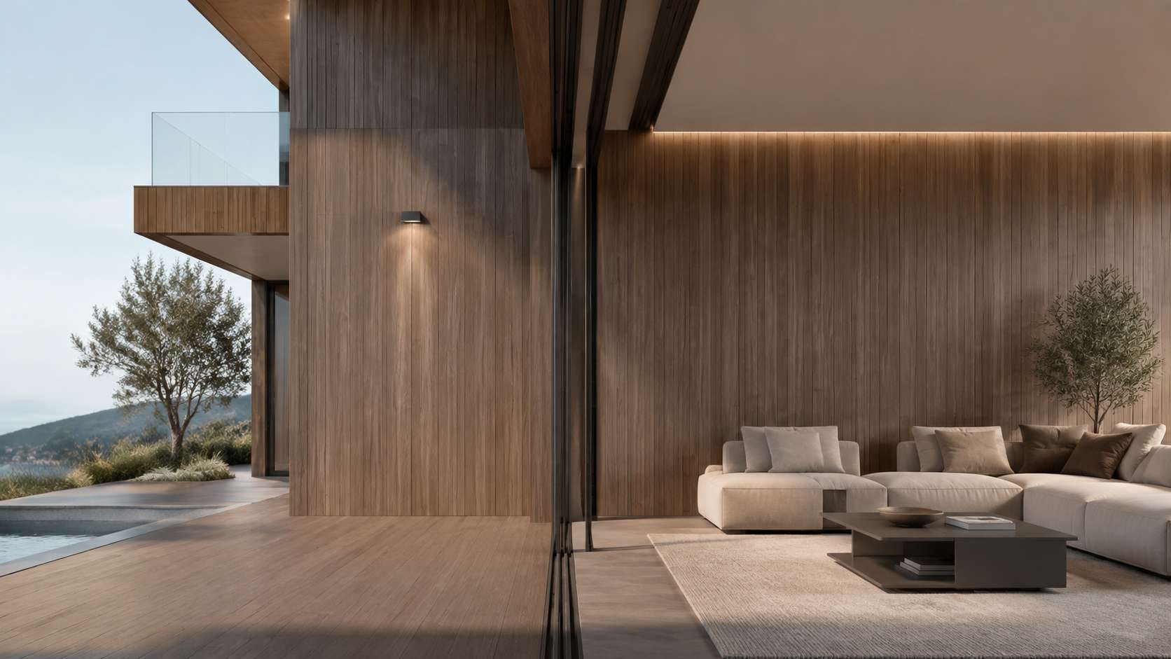 a continuous WPC design language from an exterior building façade into an interior living space